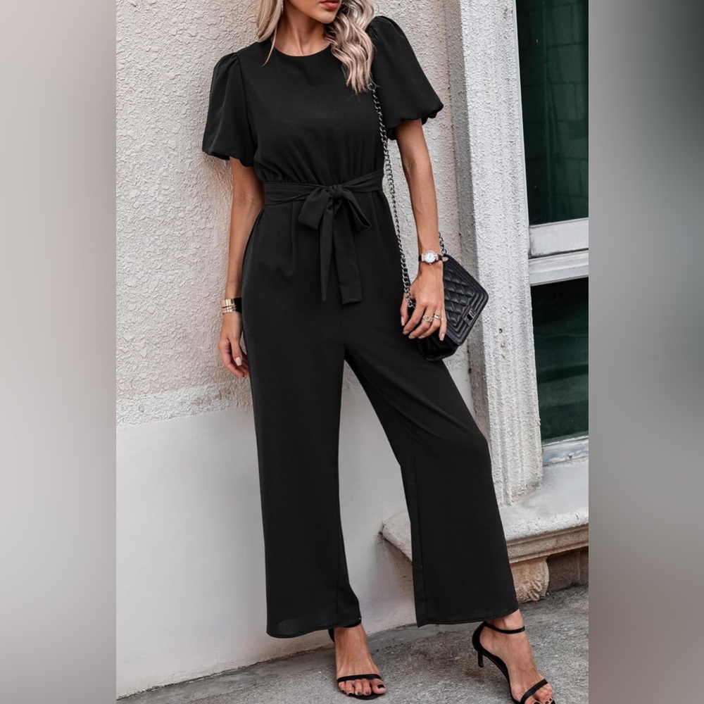 Women's Black Short-Sleeve Jumpsuit with Waist Tie